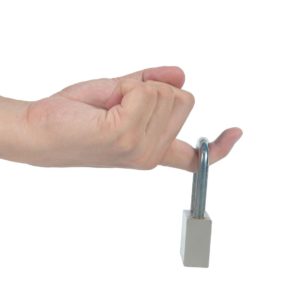 finger holding up a padlock
