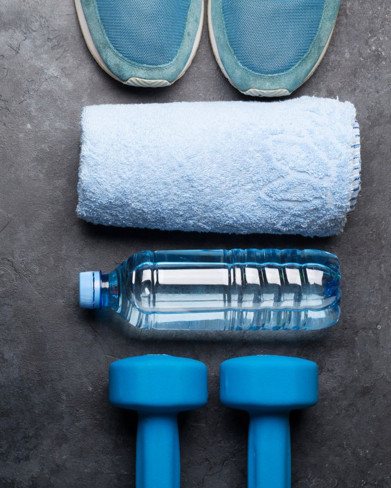 personal training equipment in blue on a grey floor