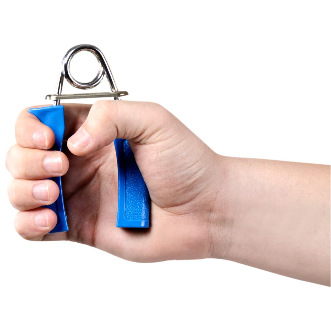 hand using blue grip strength training tool