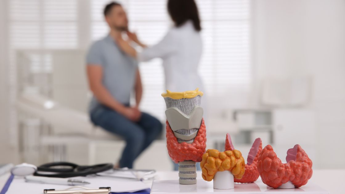 doctor examining a patient's thyroid
