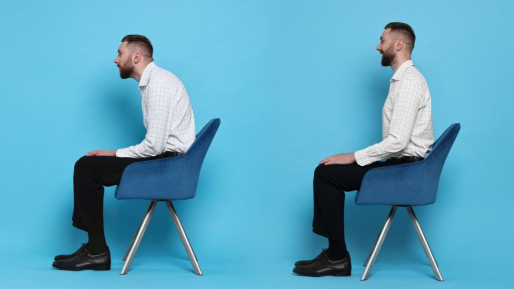 male showing examples of sitting with good and bad posture in a chair